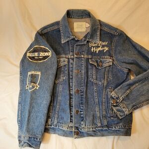 Vintage Blue Zone Mens Large Denim‎ Distressed Trucker Jacket Retro 90s